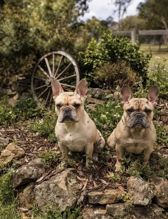 Two French bulldogs sitting together in the garden at Urban Tail Sitters